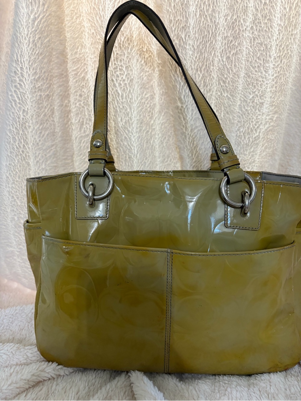 Coach Olive Patent Leather Tote with Silver Hardware - Picture 3 of 13